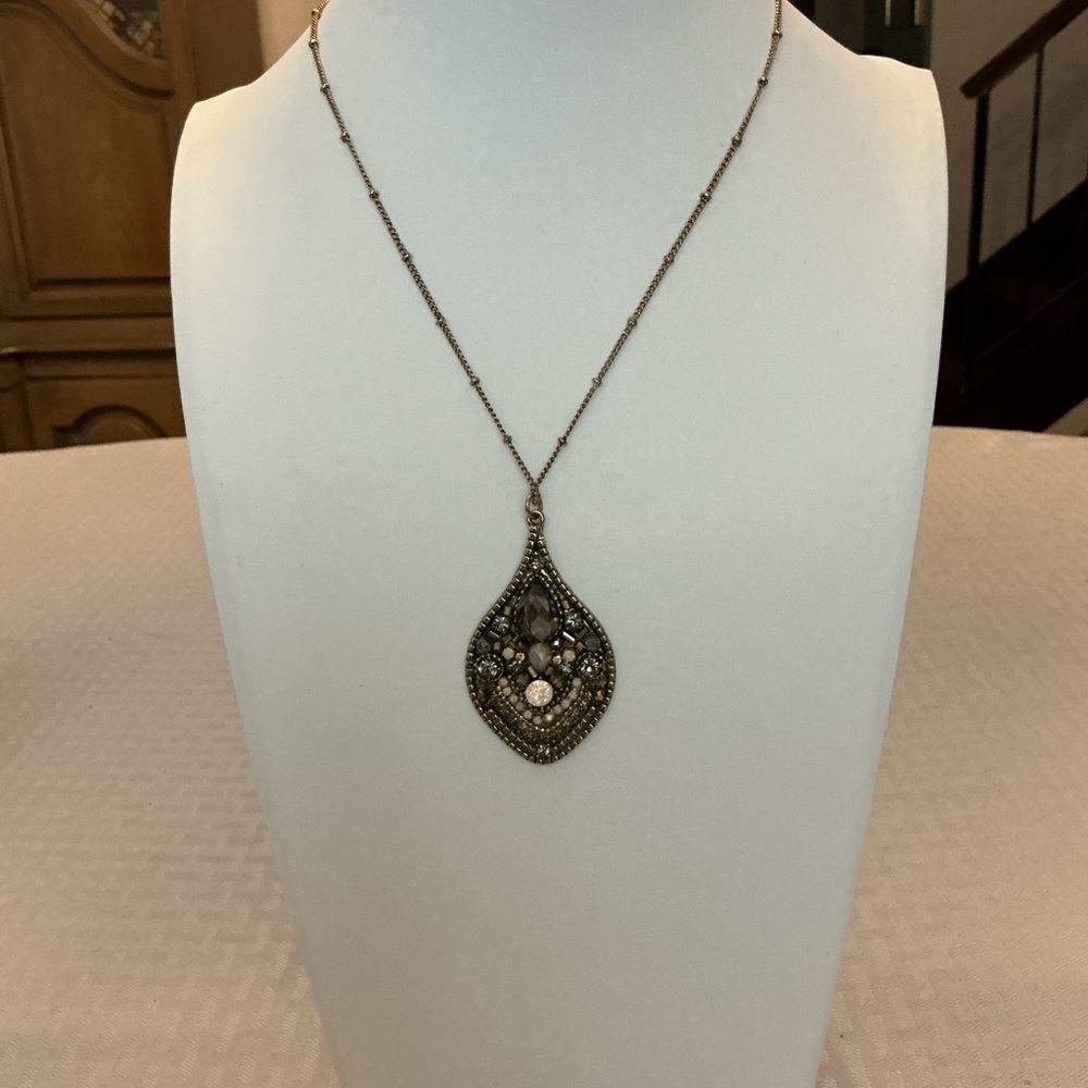 Smoky Quartz Rhinestone Teardrop Beaded Gold Tone Pendant Necklace
